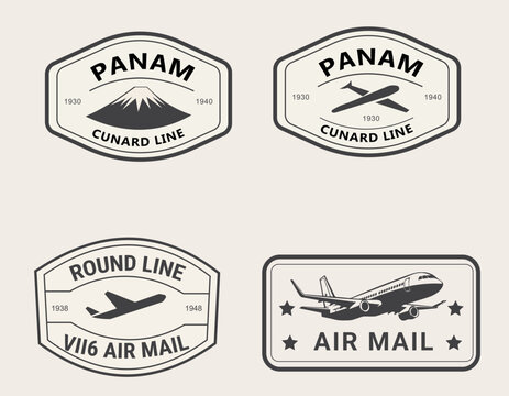 Vintage travel emblem designs featuring airplanes and mountain silhouettes on a white background airplane