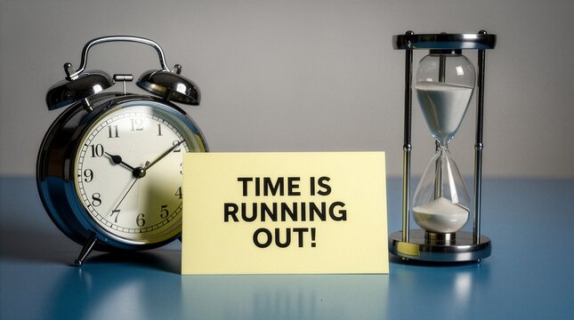 Black metallic alarm clock and silver hourglass standing behind a yellow note reading time is running out, conceptual background for business deadlines and strict time management.