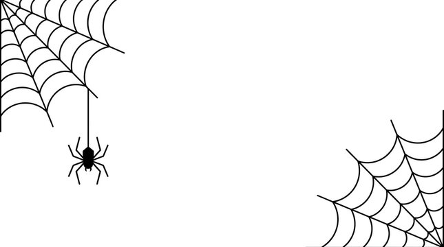 Black and white illustration of a spider dangling from a detailed web on a white background