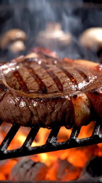 Juicy beef ribeye steak grilling over hot charcoal flames with mushrooms in the background.