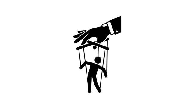 Puppet Master Hand Controlling Marionette Man Black Silhouette Concept Vector Illustration for Manipulation and Control