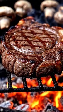 Juicy ribeye steak and mushrooms cooking on a charcoal grill over open flames.