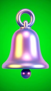 Holographic 3d notification bell icon isolated on a green screen background for social media and app design.