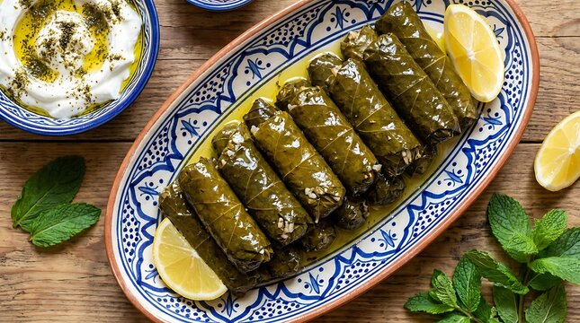 Delicious stuffed grape leaves dolma served on a decorative plate with lemon and yogurt dip sauce. Hebrew cuisine recipes
