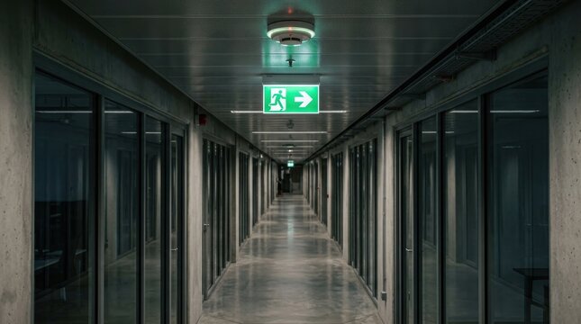 Illuminated green exit sign in a long modern office corridor