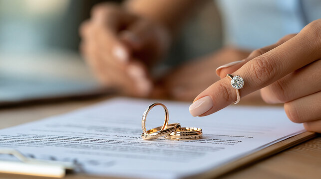 Close-up of divorce decree document and hand taking off wedding ring behind it, defocused background, with copy space