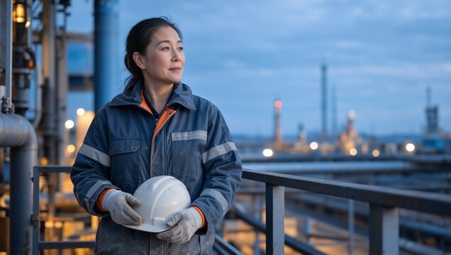 Asian female industrial worker holding a hard hat at dusk. Middle aged woman engineer in blue uniform at a refinery. Professional manufacturing plant supervisor
