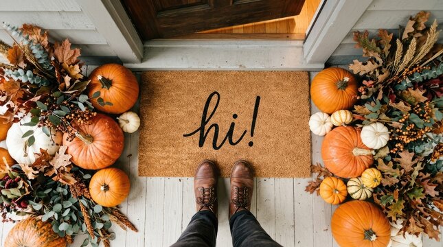Autumn welcome with pumpkins and a cozy doormat on a wooden porch