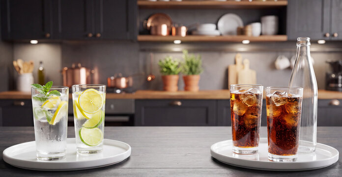 Healthy infused water with citrus and mint compared with sugary carbonated soda. Concept of healthy and unhealthy drink choice.