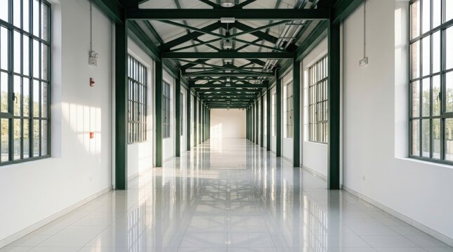 Modern industrial style long corridor with high ceiling and large windows