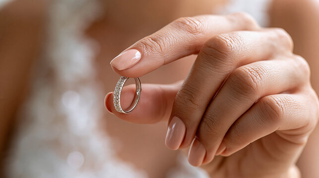 Close-up of hand holding wedding ring, divorce concept, defocused background, with copy space