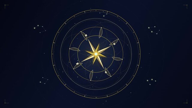 Golden vintage navigational compass rotating with celestial constellations against a dark night sky background