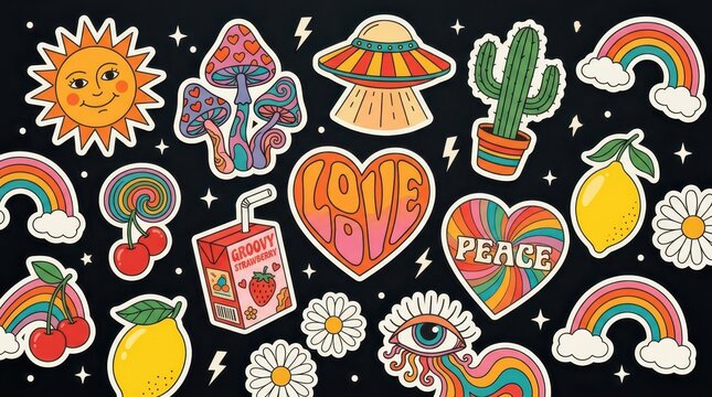 Retro 70s Psychedelic Sticker Set with Rainbows, Mushrooms, UFO, and Groovy Peace Love Elements on Black Background