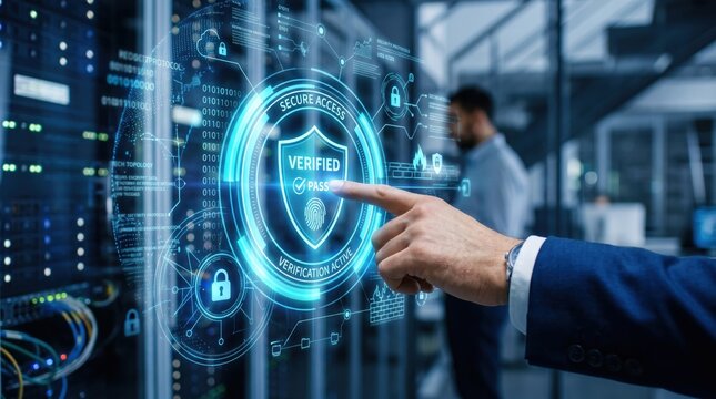 Close up of hand touching secure access verification screen with shield icon, cyber security authentication and biometric login, data protection firewall system in server room