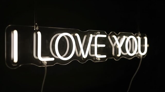 Glowing white neon sign with I love you text against a dark background for romantic concepts.
