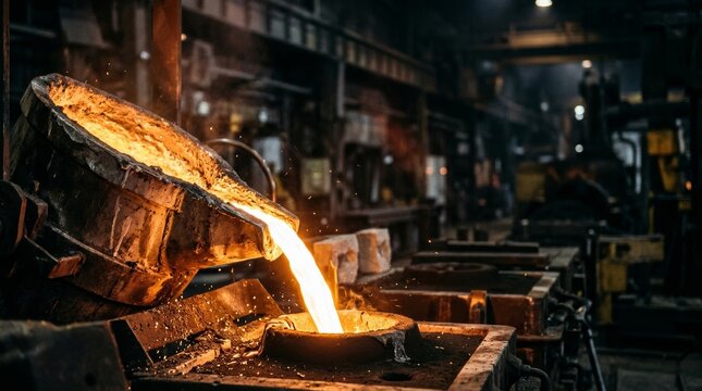 Molten metal being poured into a casting mold in a foundry.