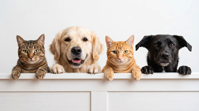 Row of cute dogs and cats peeking over white border on white background