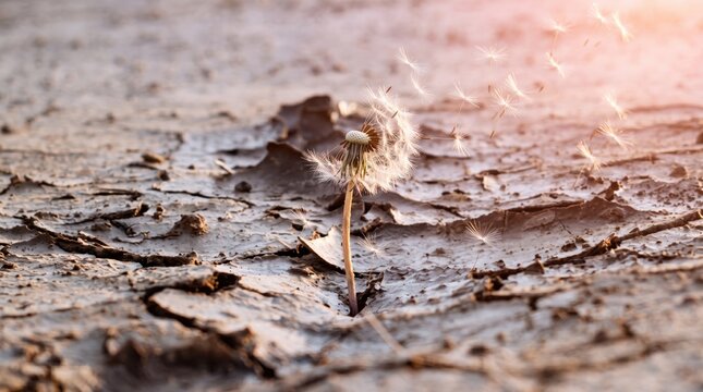 Single dandelion flower growing in dry cracked earth, symbolizing hope, resilience, survival, drought, climate change and environmental crisis concept at sunset.