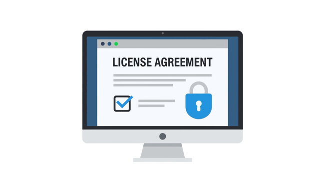 Software License Agreement on Desktop Monitor Screen with Security Padlock and Accepted Checkbox Icon, Digital Contract and Cybersecurity Concept