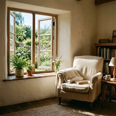 Fototapeta premium Cozy living room with large windows and sofa.