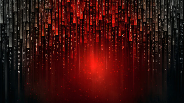Cascading red runes falling like digital rain on dark glowing background