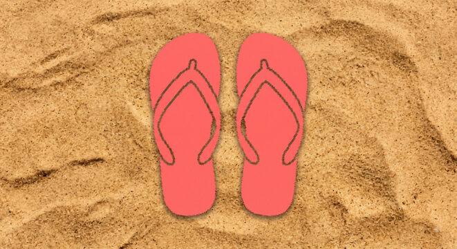 Red flip flops on sandy beach background summer vacation vector illustration for travel tourism and seasonal promotions.