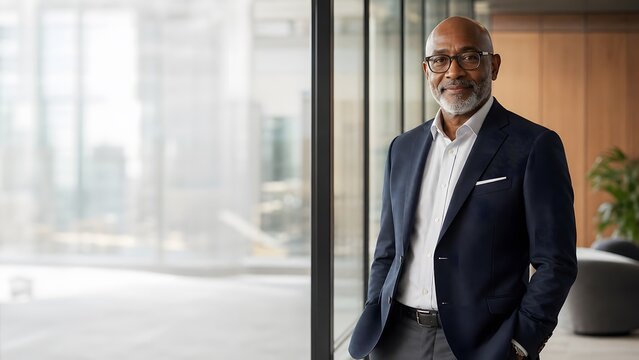 Confident businessman walking or standing in a modern office in a candid moment