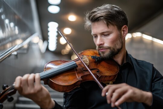 Violinist performs in subway station, creating music amidst urban hustle