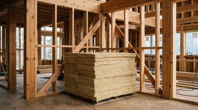 Stack of mineral wool insulation panels inside a new wooden frame construction site.