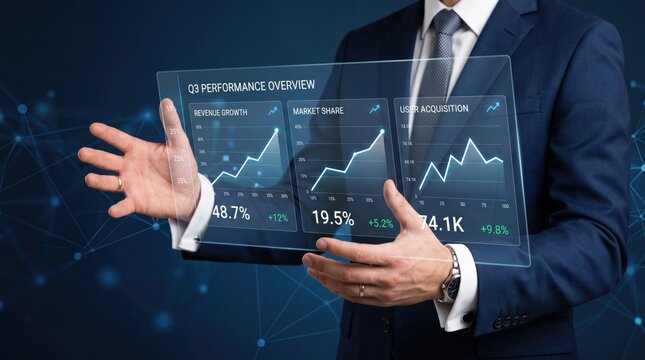 Executive presenting Q3 performance overview dashboard with revenue growth and market share charts, business analytics, user acquisition metrics, corporate success and financial