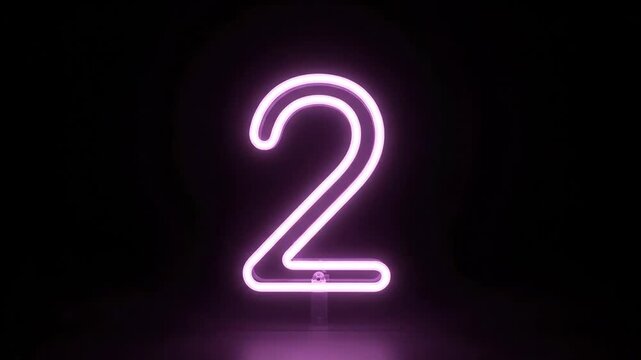 Glowing purple neon number two isolated on a black background for countdown or anniversary.