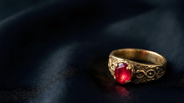 Vintage gold ring with red gemstone and filigree band on dark fabric