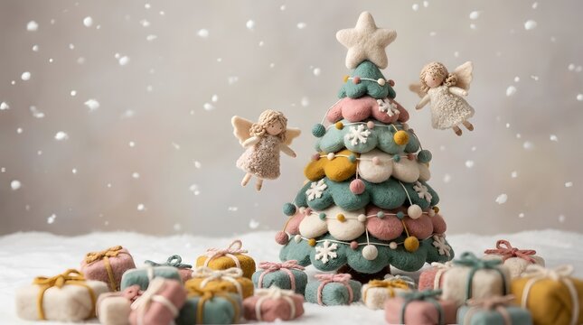 Creative festive Christmas tree made of stacked macarons or objects in a candid moment