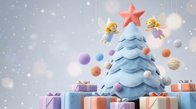 Creative festive Christmas tree made of stacked macarons or objects with a minimalist aesthetic
