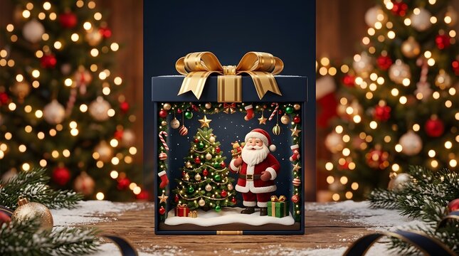 Miniature Christmas diorama inside a magical box or frame highlighting vibrant colors