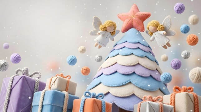 Creative festive Christmas tree made of stacked macarons or objects in a professional environment