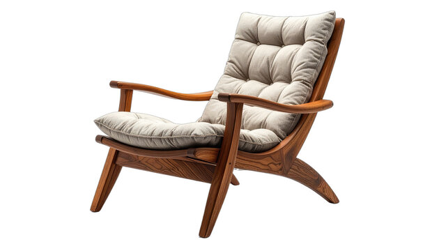 A modern upholstered wooden armchair with a tufted backrest and seat. isolated on white background