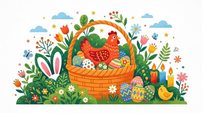 Colorful Easter Illustration with Hen in Basket, Decorated Eggs, Flowers, and Bunny Ears in a Spring Garden
