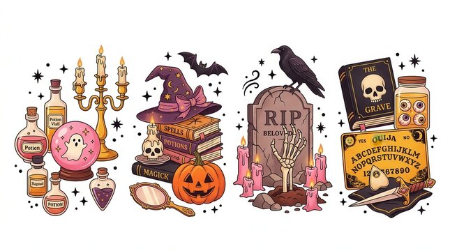 Halloween Occult and Witchcraft Illustration Set with Potions, Crystal Ball, Pumpkin, Tombstone, and Ouija Board