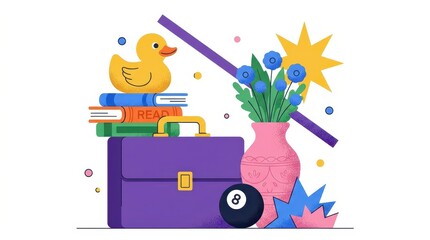 Fototapeta premium Creative Flat Illustration with Briefcase, Books, Rubber Duck, and Flowers for Business and Education Concepts