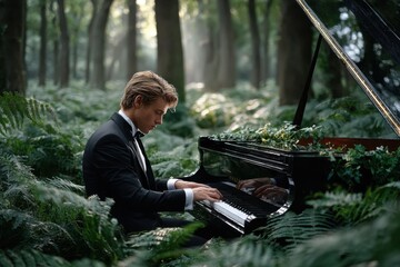 Fototapeta premium Young man plays piano in serene forest surrounded by vibrant greenery and sunlight