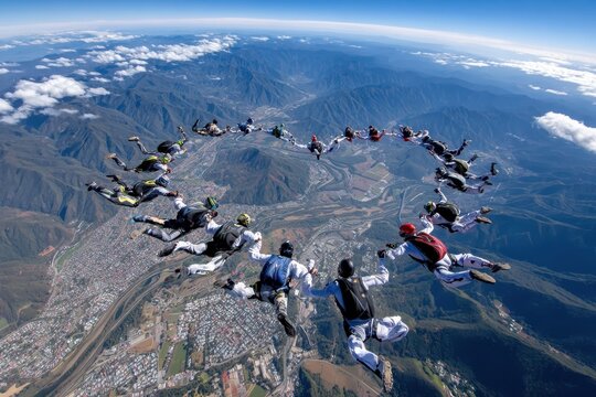 Skydivers perform coordinated formation over mountainous landscape in clear blue sky