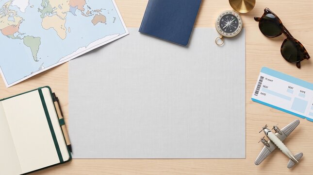 Generic Passport Travel Map and Airplane Flat Lay with Large Central Copy Space for International Tourism Vacation and Journey Planning Concept