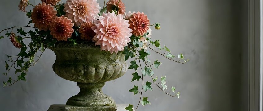 Coral and blush dahlia flowers with trailing ivy in aged stone urn against neutral wall, suitable for home decor and floral arrangement inspiration.