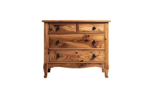 A rustic wooden dresser with four drawers and dark round knobs sits against a stark void. isolated on white background