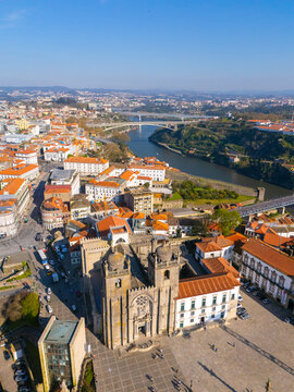 Porto cathedral and douro river cityscape from above