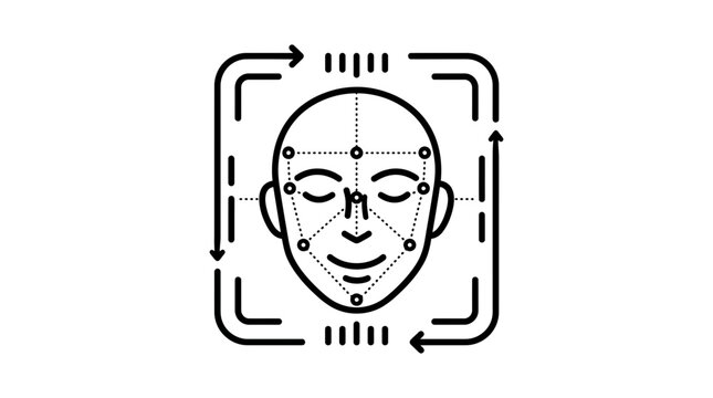 Facial recognition scan with circular arrows a black line icon on a white background facialscan