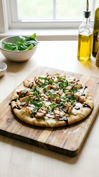 Gourmet flatbread pizza topped with roasted vegetables, fresh herbs, and drizzle on wooden board in bright kitchen with olive oil bottle and fresh greens.