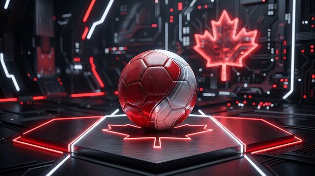 Soccer ball with red and white pattern on a glowing neon futuristic platform
