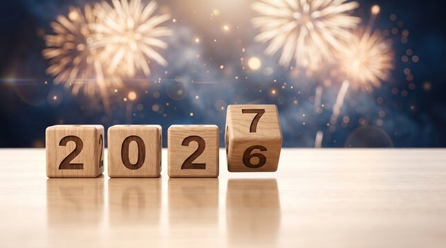 Polished New Year Celebration - 2027 Blocks on Reflective Table with Warm Gold Fireworks